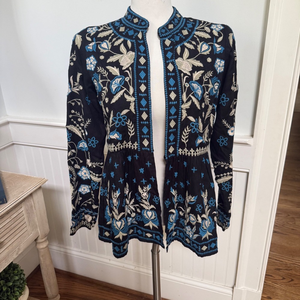 AREA STARS Black Embroidered Floral Peplum Open Front Jacket Boho Blue Cream